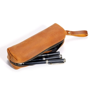 Vintage brown crazy horse leather pencil case with metal zipper and pens