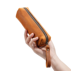 Retro crazy horse leather pen case with zipper and hand strap for stationery storage