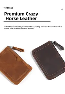 Macro shot of crazy horse leather textures and zipper pocket on vintage card holders