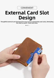 Detail showing a hand inserting a credit card into the convenient outer slot of a leather wallet