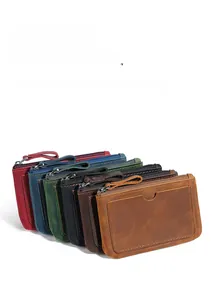 Collection of vintage crazy horse leather coin purses with card slots in six retro colors