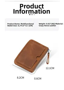 Brown crazy horse leather wallet detail showing slim profile and 8.2x12.1 cm dimensions