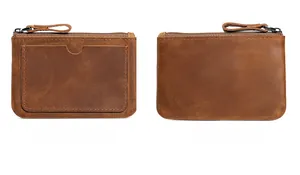 Detail view of vintage crazy horse leather wallet showing front card slot and back texture