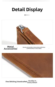 Detail of vintage brown leather wallet with durable silver metal zipper and reinforced stitching