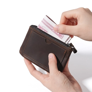 Vintage Crazy Horse Leather Coin Purse For Men Women Top Grain Cowhide Slim Card Holder Wallet With Contrast Stitching Metal Zipper