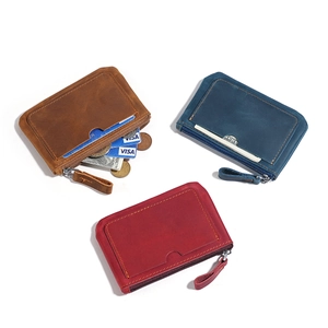 Retro crazy horse leather coin purses with card slot and zipper in three colors