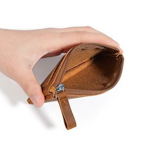 Brown vintage crazy horse leather coin purse with zipper closure and interior view