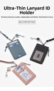 Litchi pattern leather ID holder detail with retractable cord and card slots