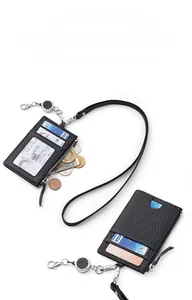 Detail view of leather neck ID holder with card slots, zipper pocket and lanyard