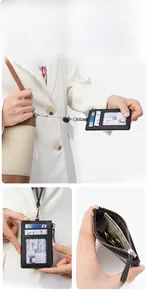 Detail of black leather ID holder with retractable reel strap and side zipper pocket