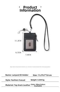 Detailed specs of genuine leather ID badge holder with lanyard and retractable buckle