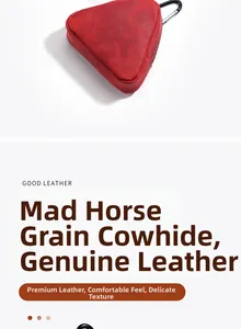 Detailed view of triangular crazy horse leather coin purse with metal hook and zipper