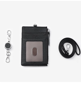 Detailed set of black lychee leather badge holder with retractable reel and lanyard