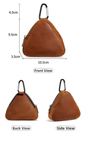 Detailed views of vintage brown crazy horse leather triangle coin pouch with dimensions