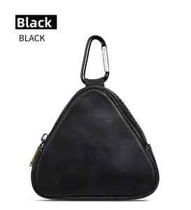 Close-up of black crazy horse leather triangle coin purse with metal zipper and carabiner