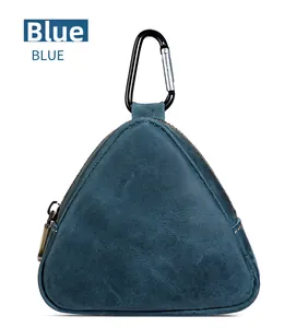Detail of blue triangular crazy horse leather coin purse with metal carabiner clip