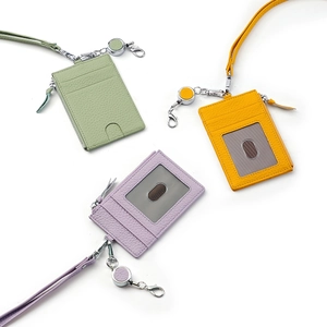 Necklace leather card holder with retractable reel and lanyard in multiple colors
