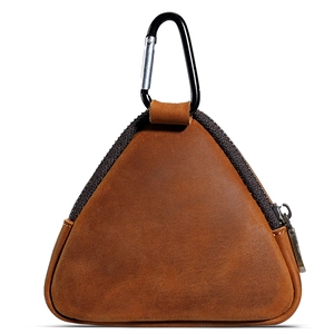 Brown crazy horse leather triangle coin pouch with metal carabiner for outdoors