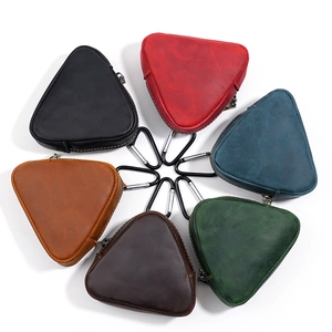 Crazy Horse leather coin purse triangle pouch with carabiner in six assorted vintage colors