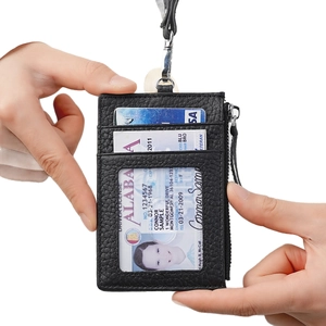 Black leather neck ID badge holder with RFID blocking and secure zipper pocket