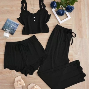 Set pigiama donna 3 pezzi a coste nere con pizzo e top a canotta regolabile