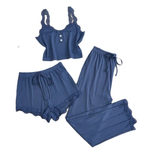 Completo 3 pezzi blu scuro in maglia a coste con pizzo, canotta e pantaloni donna