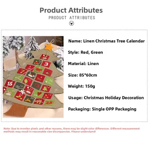 Linen Christmas tree advent calendar with numbered pockets measuring 85x60cm for holiday decor