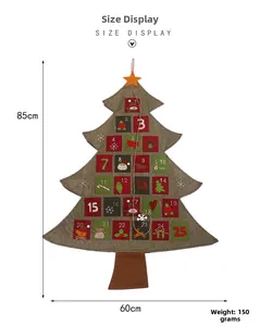 Detailed view of burlap Christmas tree advent calendar measuring 85cm by 60cm for countdown