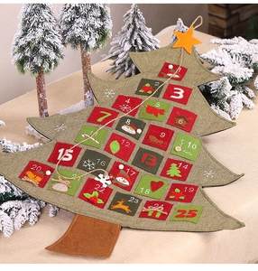 Detail of Christmas tree burlap advent calendar with 25 numbered pockets and embroidery