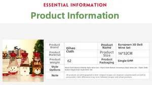 Detail view of 16x32cm Christmas wine bottle covers with Santa, snowman and elk 3D dolls