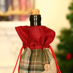 Christmas reindeer elk wine bottle cover with red burlap and green plaid festive patterns