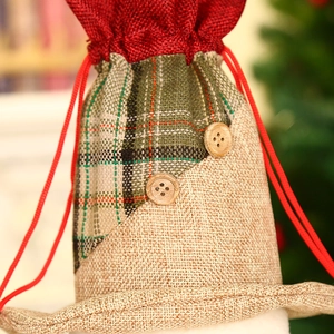 Christmas elk wine bottle gift bag with red drawstring, linen texture, and wooden buttons