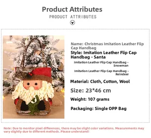 Detail view of felt Christmas gift bags featuring Santa, Snowman, and Reindeer designs