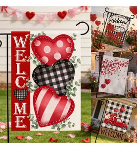 Close-up of double-sided linen garden flags with heart patterns and welcome text