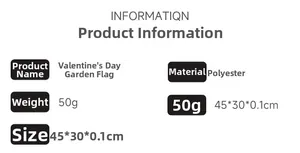 Detailed product specifications for Valentine heart garden flag made of polyester fabric