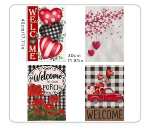 Detail of four Valentine garden flags with heart patterns and pickup truck designs
