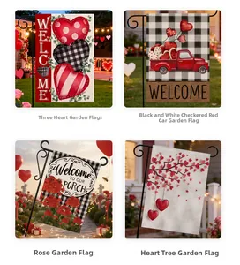 Detailed views of four Valentine garden flags featuring buffalo plaid and red trucks