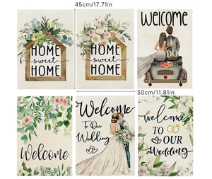 Detail view of 45x30cm rustic linen garden flags with wedding and home theme hand-painted patterns