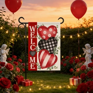 Garden flag detail featuring hearts and welcome text in a sunset outdoor garden scene