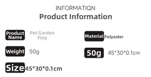 Polyester pet garden flag specifications showing dimensions of 45x30 cm and weight details