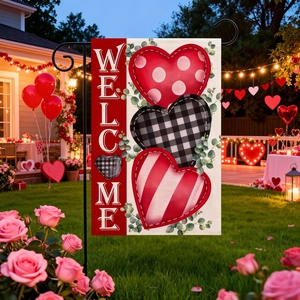 Valentine's Day garden flag with buffalo plaid hearts and Welcome text on metal stand