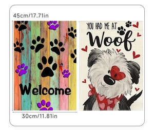 Detailed size parameters for linen pet garden flags with paw prints and dog patterns