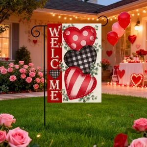 Outdoor Valentine garden flag with stacked hearts on linen and metal stand in backyard