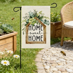 Garden welcome flag featuring HOME sweet HOME text with succulents on a black metal stand