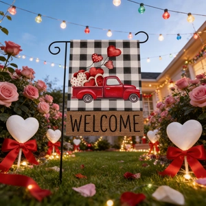 Detail of Valentine garden flag with red truck and buffalo plaid on a metal pole