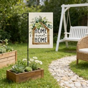 Garden flag with HOME sweet HOME lettering and succulent house design on metal stand