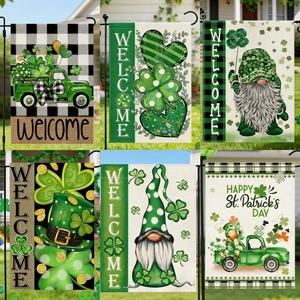 Lot de 6 drapeaux de jardin Saint-Patrick avec gnomes et camion vert sur pelouse