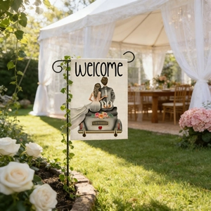 Wedding welcome garden flag with newlyweds illustration on a rustic linen banner with stand