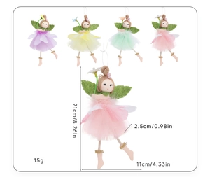 Detail showing dimensions of angel fairy hanging ornaments in colorful gauze skirts