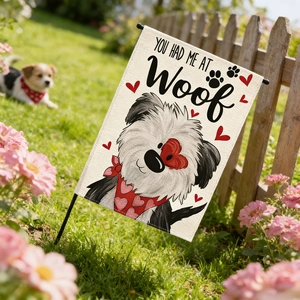 Linen garden flag with a cartoon dog and heart design for outdoor patio yard decor